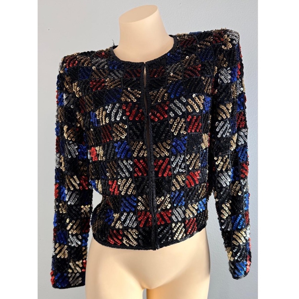 Vintage 80s Laurence Kazar Sequin Beaded Silk Jacket Black Red Blue Gold Small